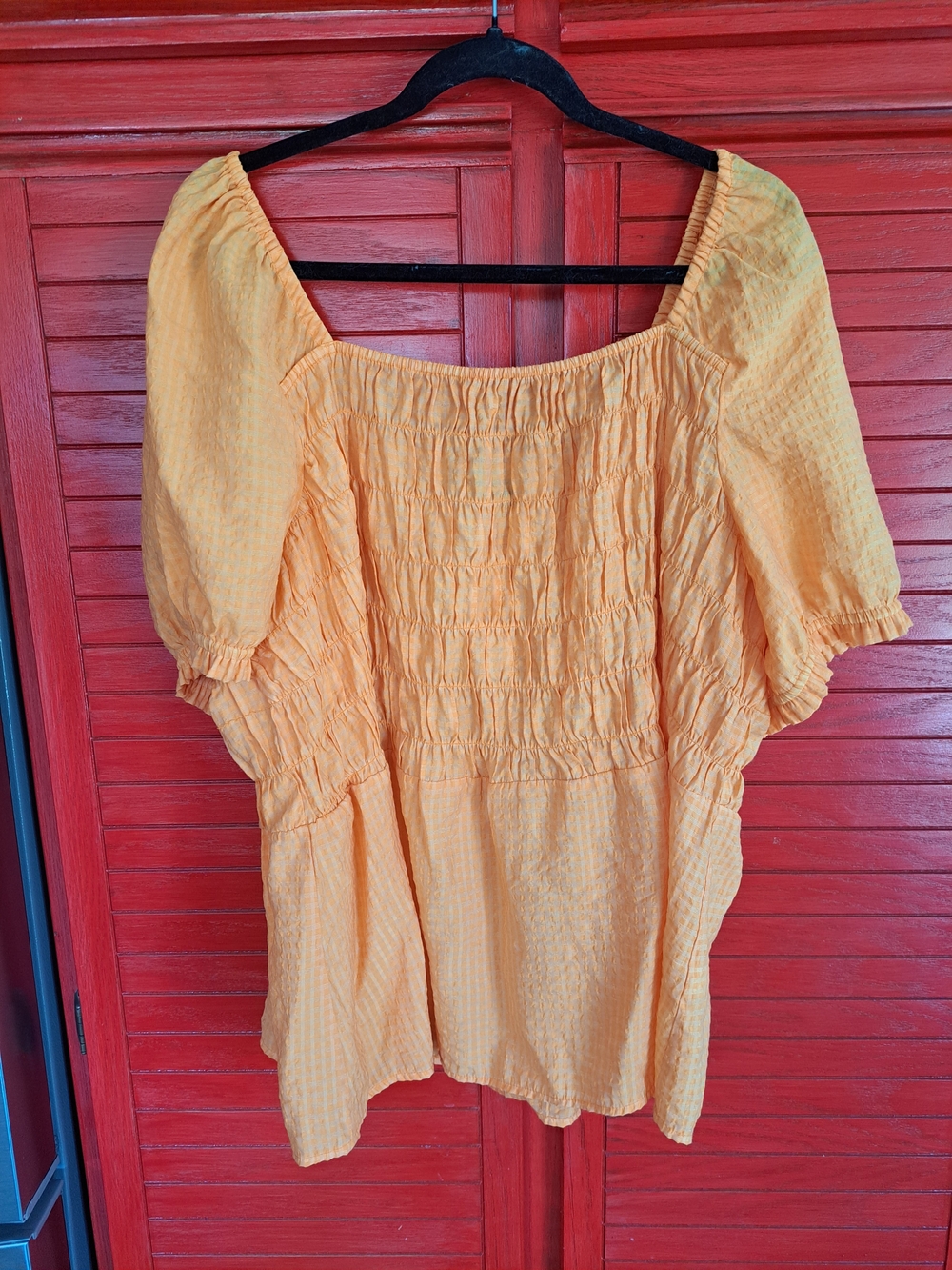 Lane Bryant Sz 20 Peasant Shirred Crinkle Sherbet Orange Puff Slv Top